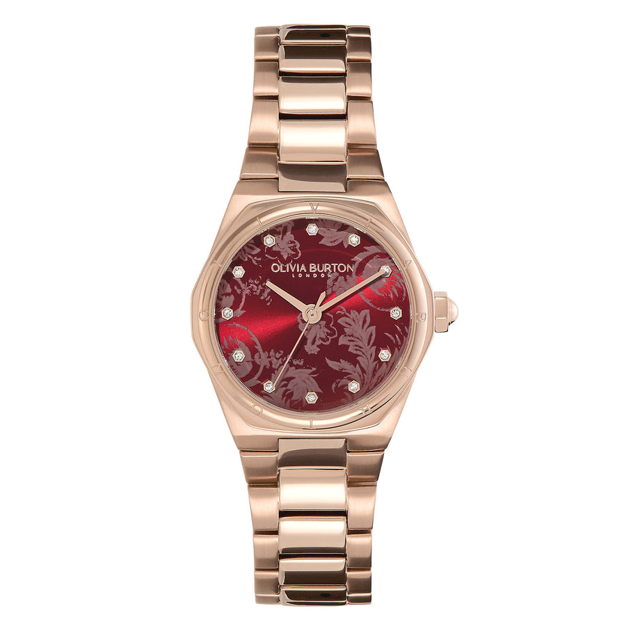 Olivia Burton Sports Luxe 28mm Mini Hexa Cranberry & Carnation Gold Bracelet Watch