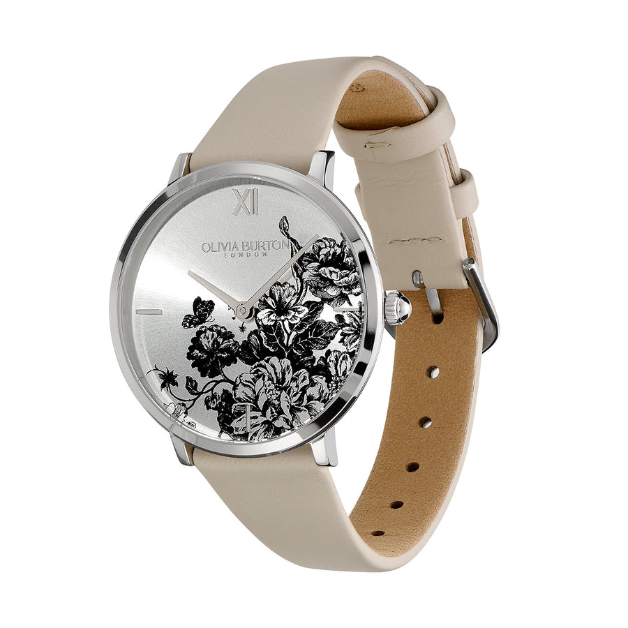Olivia Burton Signature 35mm Floral Blooms Ultra Slim Silver & Antique Pearl Leather Strap Watch