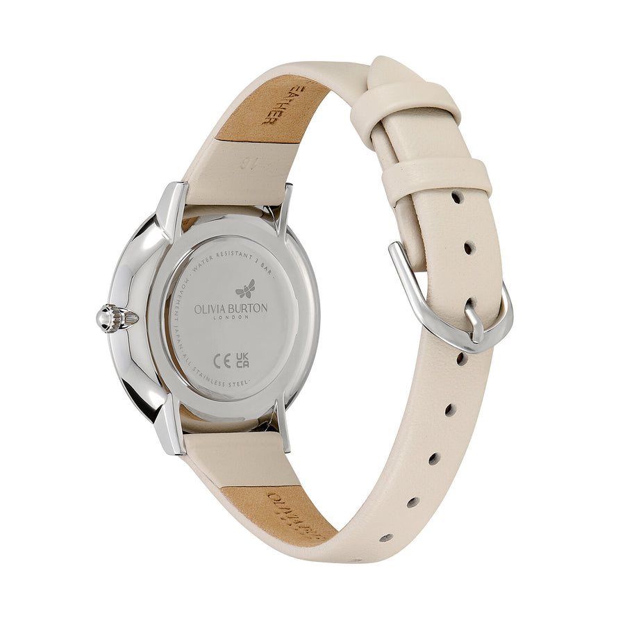 Olivia Burton Signature 35mm Floral Blooms Ultra Slim Silver & Antique Pearl Leather Strap Watch