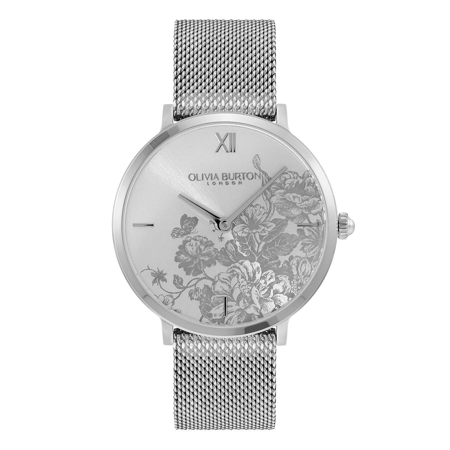 Olivia Burton Signature 35mm Floral Blooms Ultra Slim Silver Mesh Watch