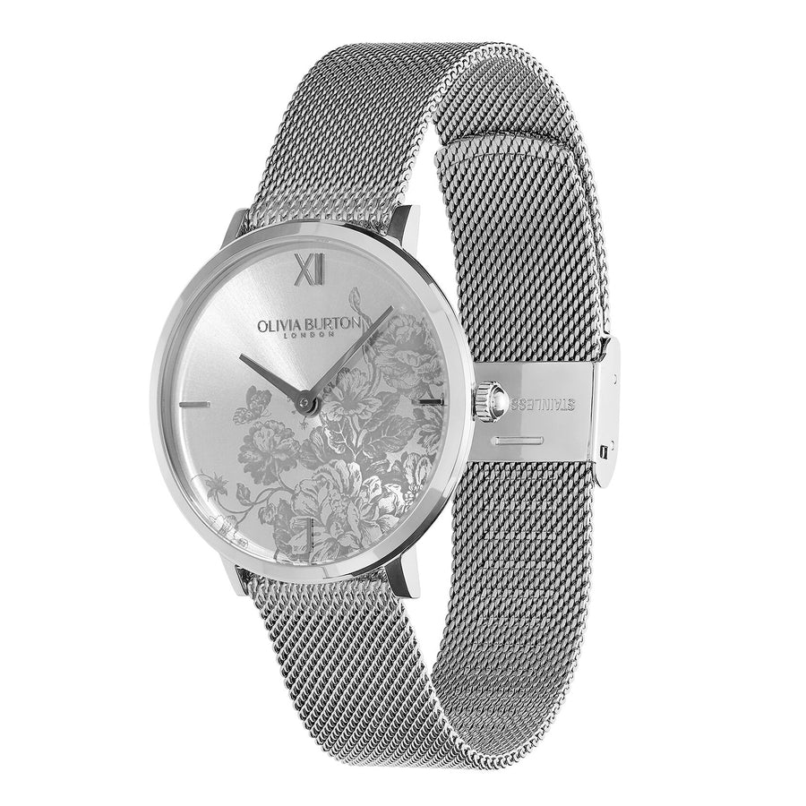 Olivia Burton Signature 35mm Floral Blooms Ultra Slim Silver Mesh Watch