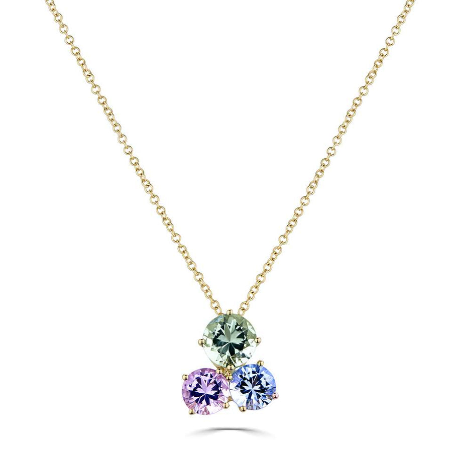 18ct Yellow Gold Green and Rose Amethyst & Sky Blue Topaz Pendant and Chain.