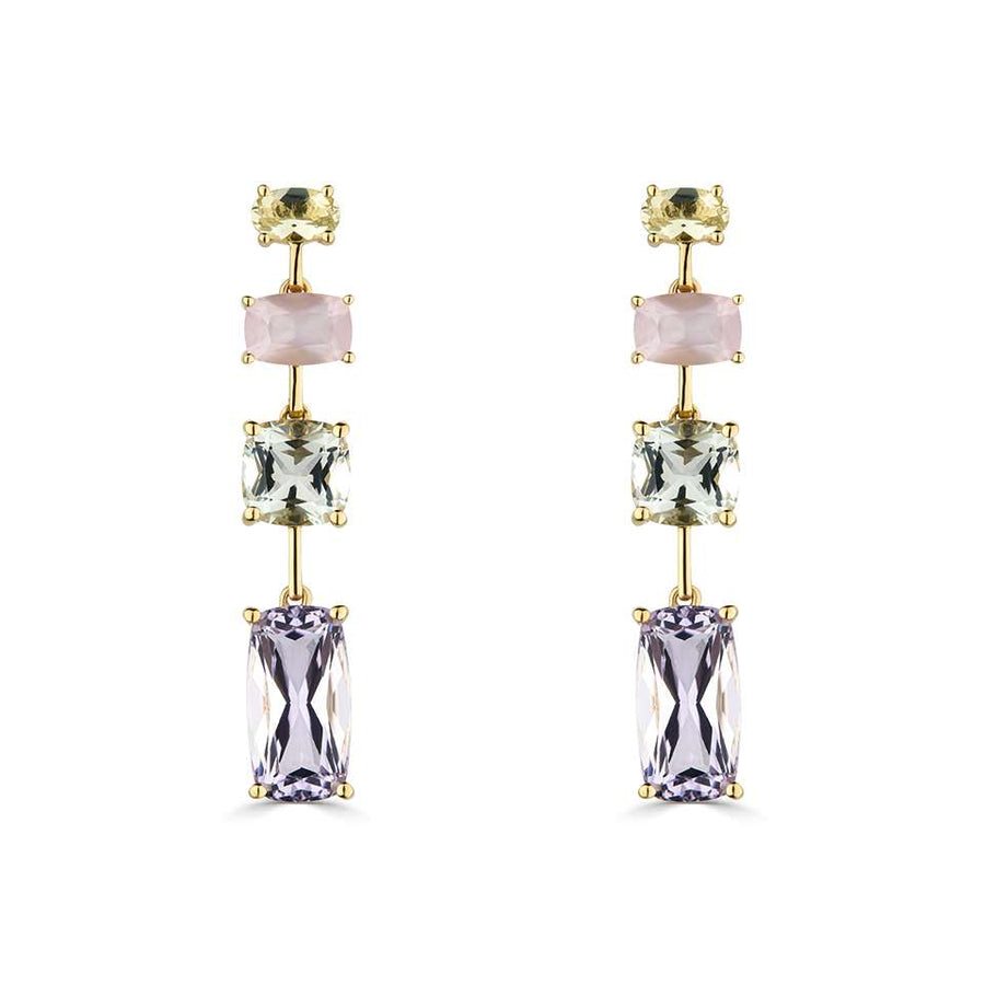 18ct Yellow Gold Rose and Green Amethyst & Lime and Rose Quartz pastel drop earrings.