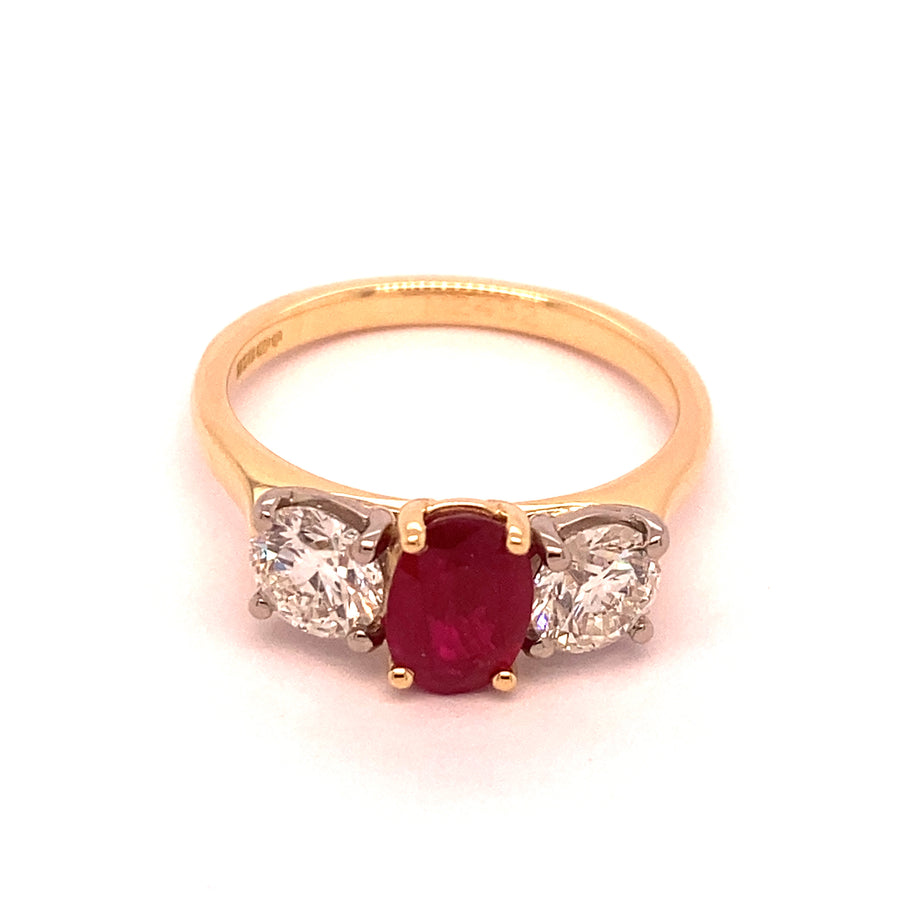Ruby and Diamond 3 Stone 18ct Yellow Gold 1.04ct R & 1.0ct D