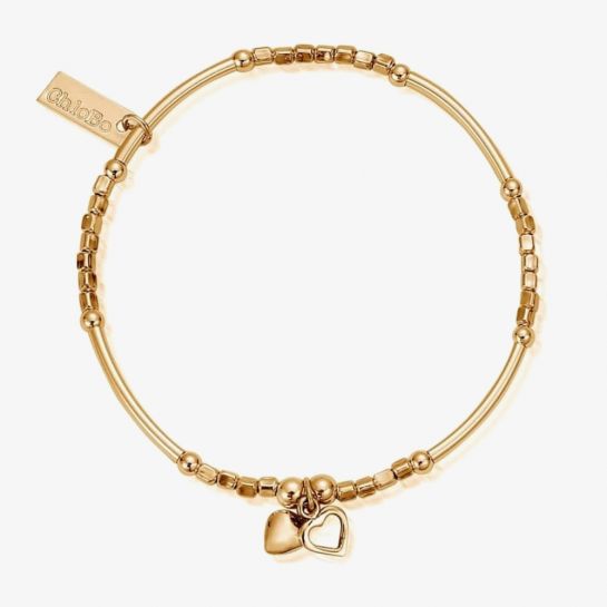 ChloBo Silver Gold Plated Mini Noodle Cube Double Heart Bracelet