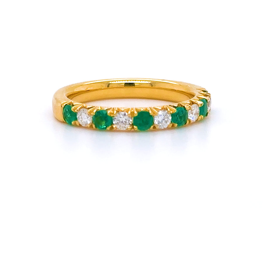 18ct Yellow Gold  Emerald and Round Brilliant Half Eternity Diamond Ring .85ct