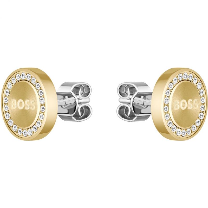 Ladies BOSS Iona Light Yellow Gold IP Crystal Stud Earrings