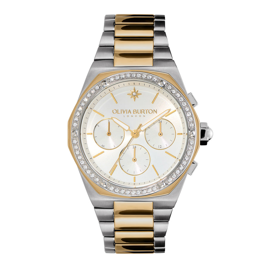 Olivia Burton Sports Luxe 38mm Hexa Multi-Function White & Two Tone Bracelet Watch