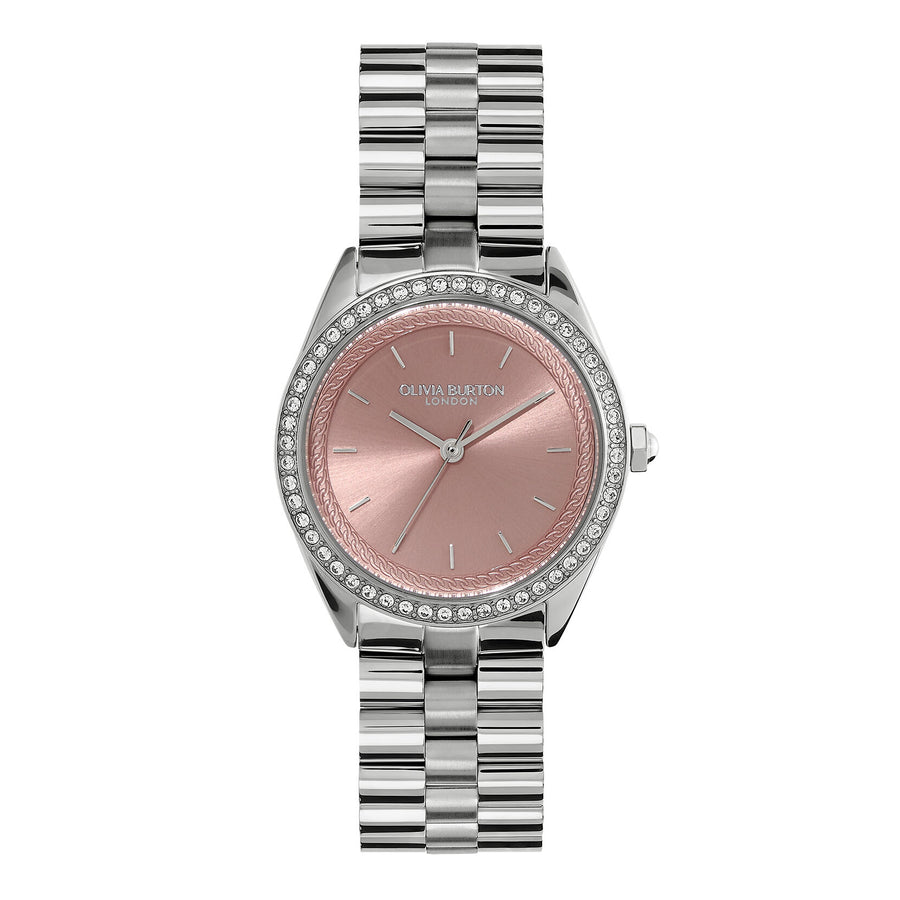 Olivia Burton Sports Luxe 34mm Bejewelled Mellow Rose & Silver Bracelet Watch