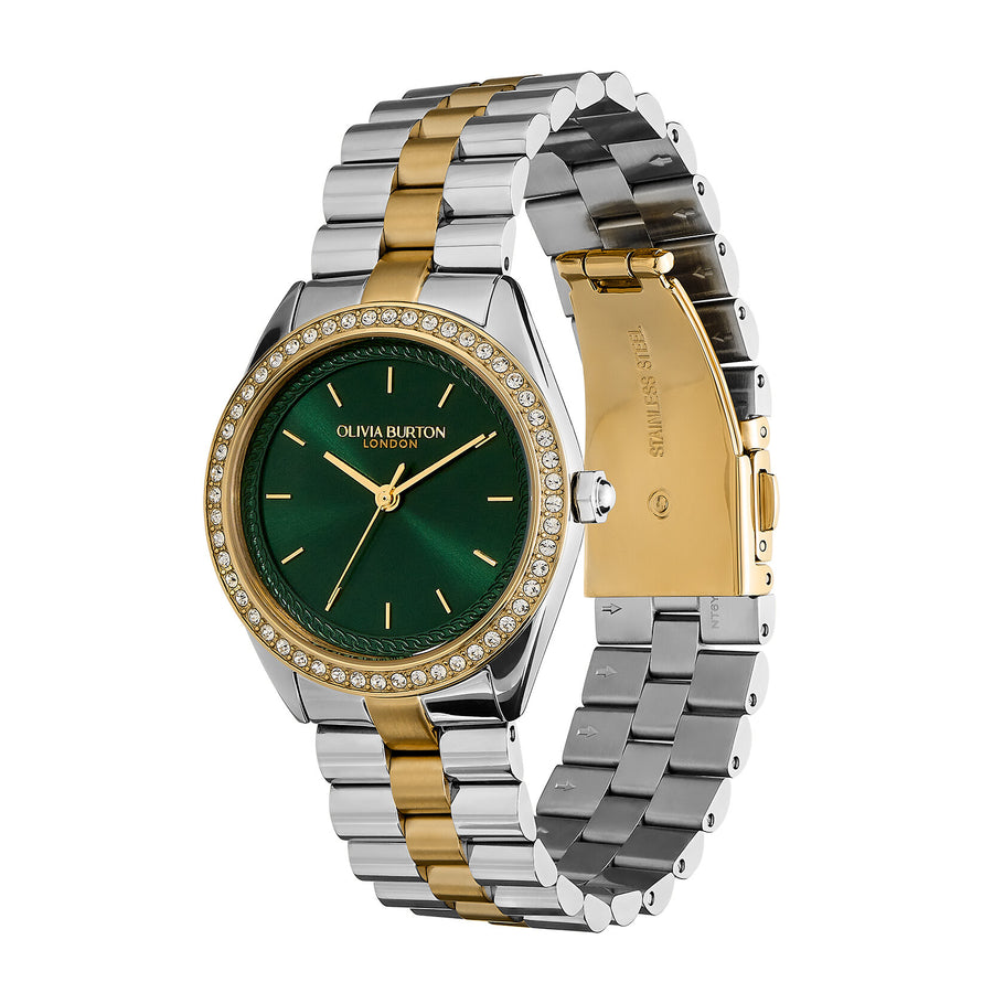 Olivia Burton Sports Luxe 34mm Bejewelled Forest Green & Two Tone Bracelet Watch