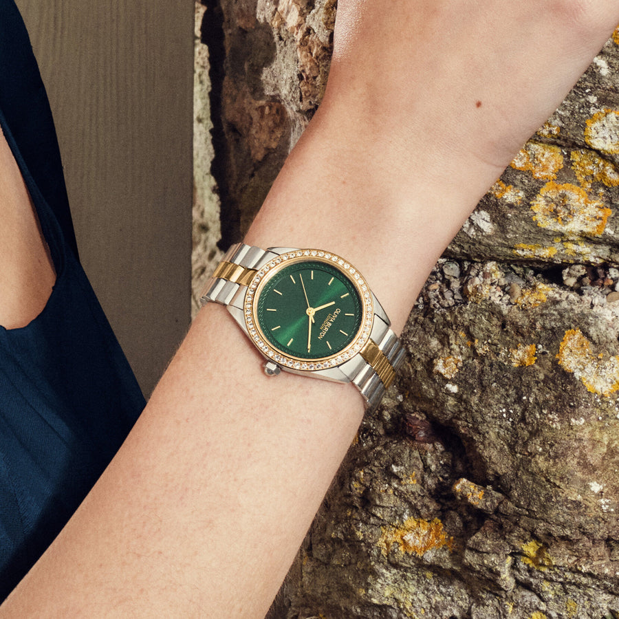 Olivia Burton Sports Luxe 34mm Bejewelled Forest Green & Two Tone Bracelet Watch