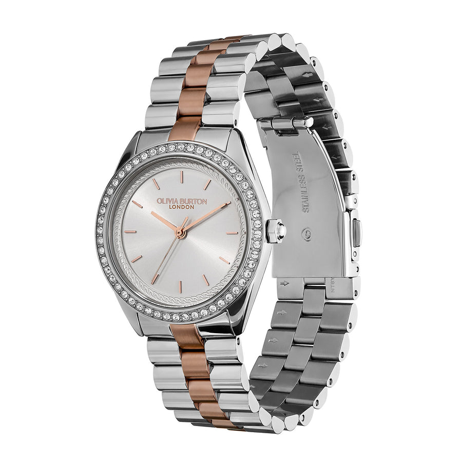 Olivia Burton Sports Luxe 34mm Bejewelled Silver & Two Tone Bracelet Watch