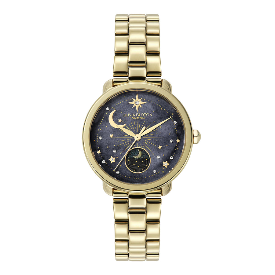 Celestial 34mm Moon Phase Black & Gold Bracelet Watch