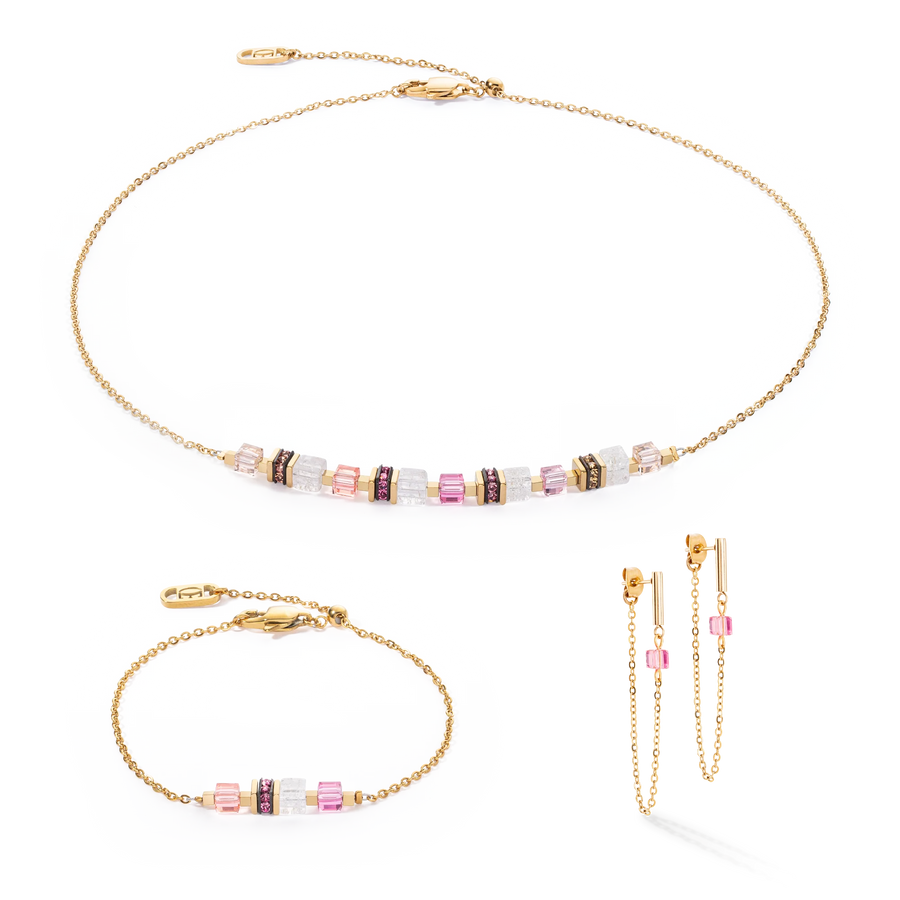 Coeur De Lion  Earrings Mini Cubes & Chain gold-pink