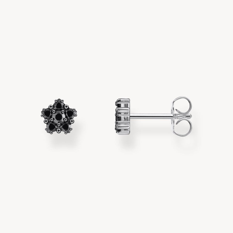 Silver blackened small ear studs with black zirconia