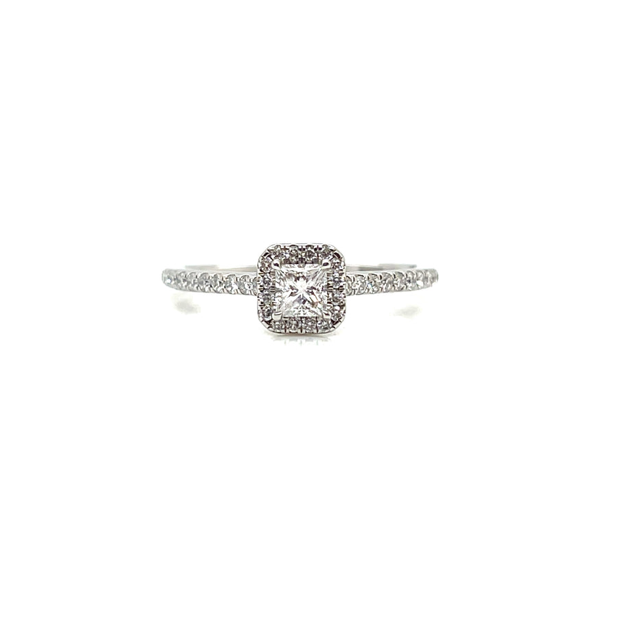 Platinum Princess Cut Engagement Ring .23ct E VS2 with Round Brilliant Shoulders/Halo .35ct