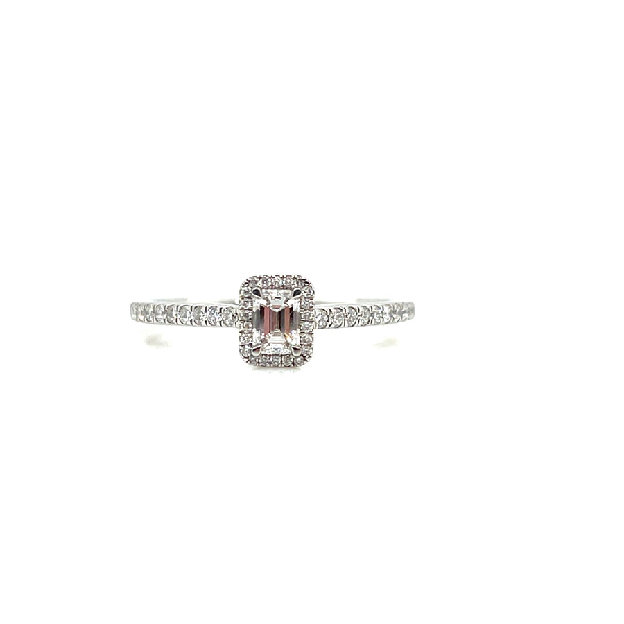 Platinum Emerald Cut Engagement Ring .23ct E VS2 with Round Brilliant Shoulders/Halo .20ct G SI