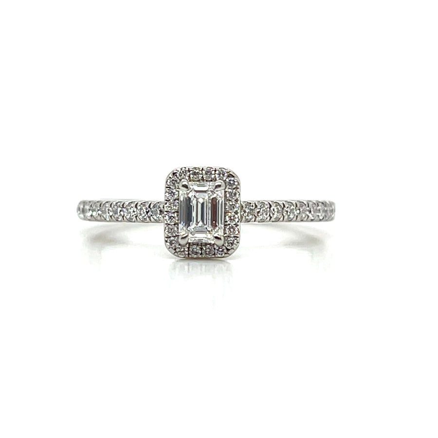 Platinum Engagement Ring Emerald Cut Diamond .30ct F VS1 Halo/Shoulders .25ct G/H Si