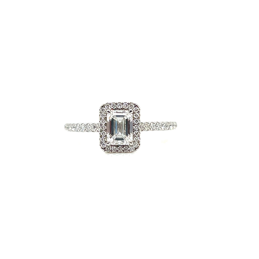 Platinum Emerald Cut Engagement Ring .70ct F VS1 with Round Brilliant Shoulders/Halo .30ct G SI