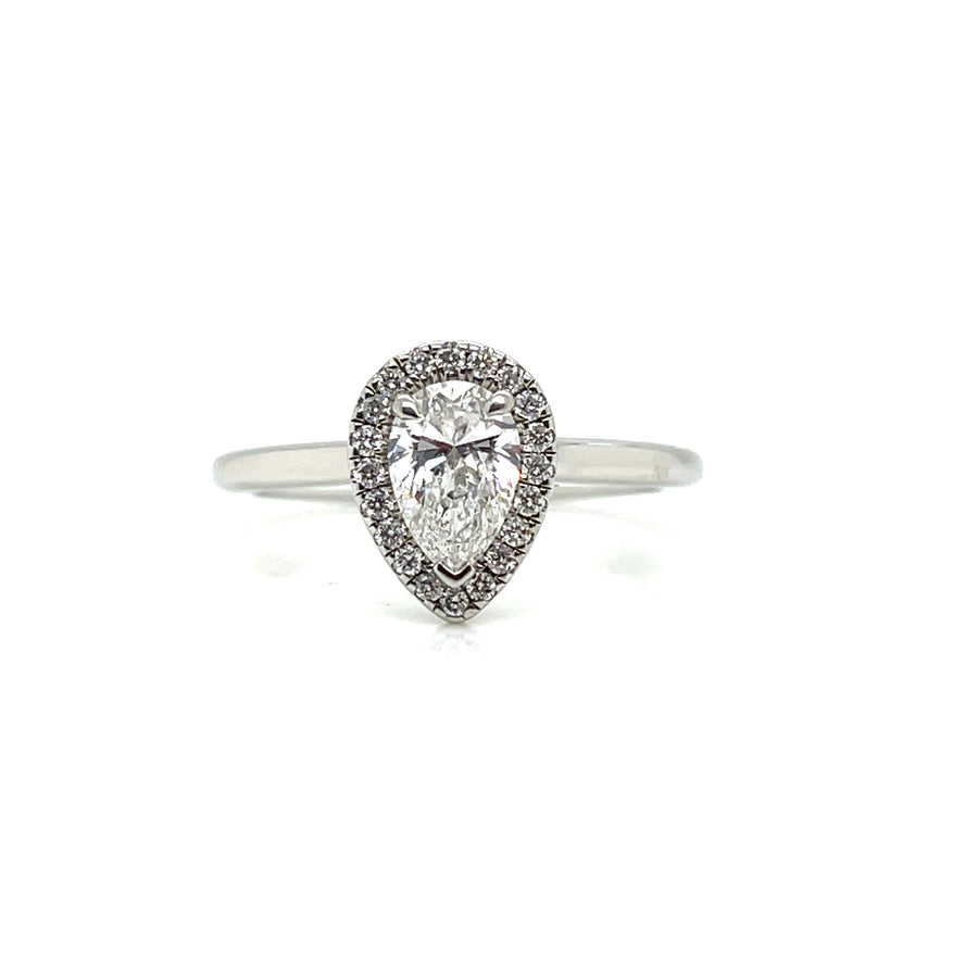 Platinum Eng' Ring Pear cut Centre Diamond .70ct F SI1 Halo .15ct G/H Si