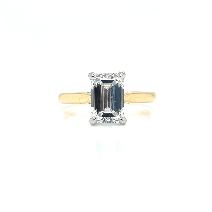 18ct Yellow Gold Platinum Head Emerald cut, Lab Grown Diamond Ring 2.00Ct D VS2