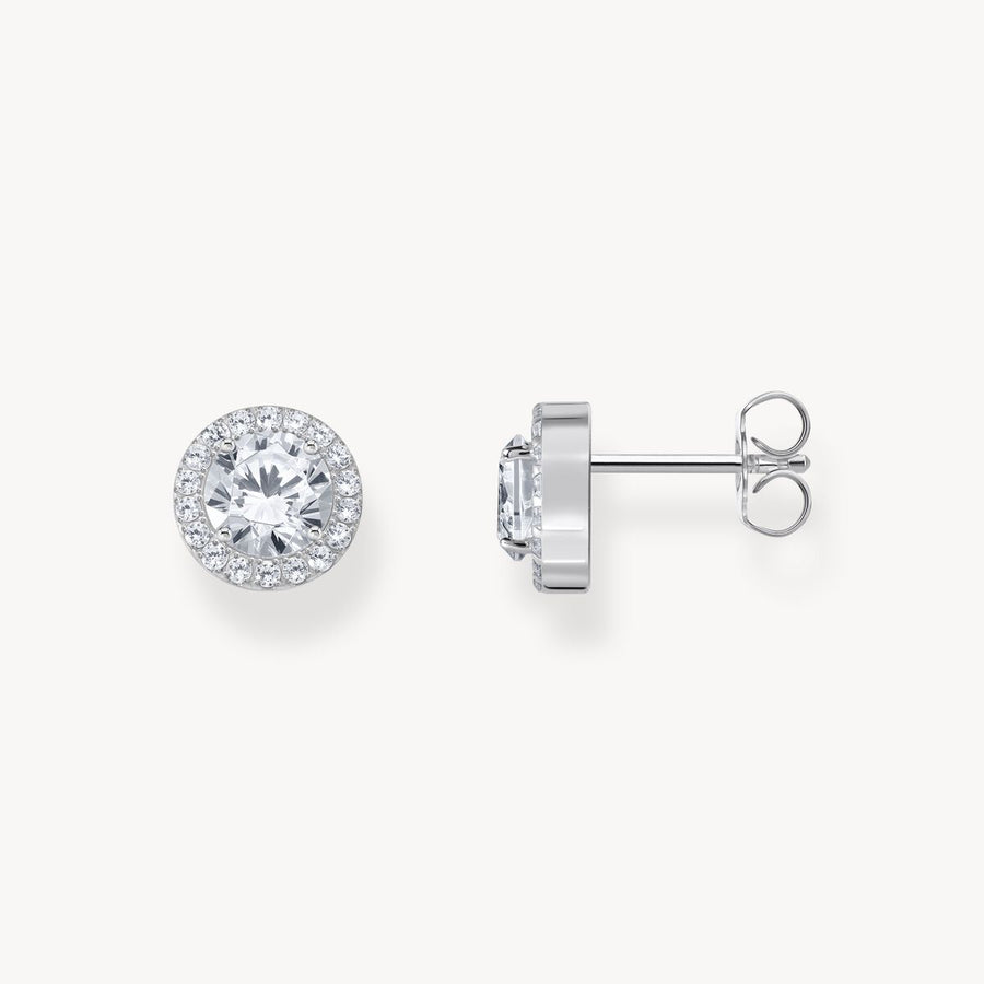 Silver halo ear studs with white zirconia in brilliant cut