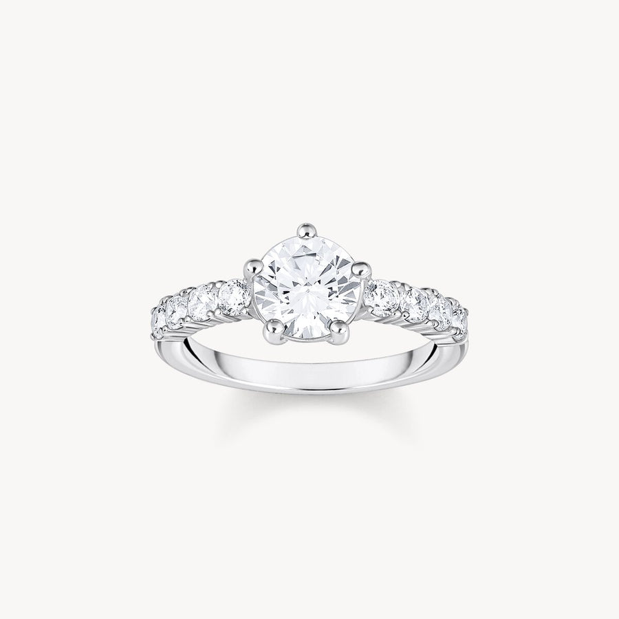 Silver solitaire ring with white zirconia in different sizes