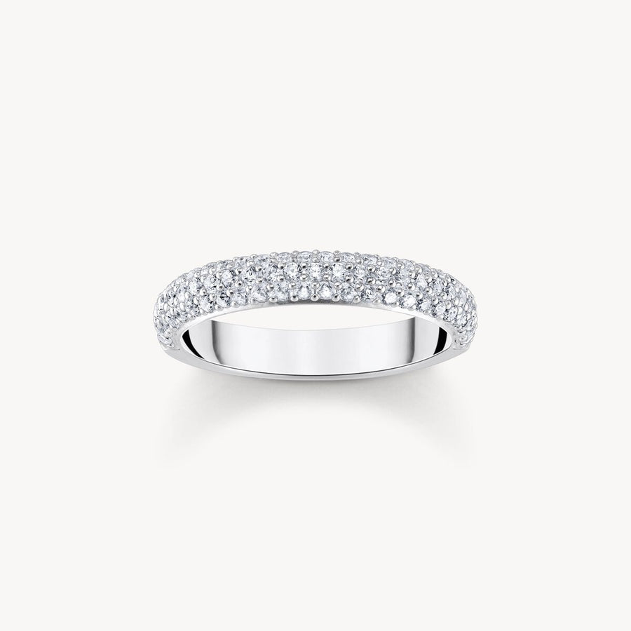 Silver band ring with white zirconia and engraving