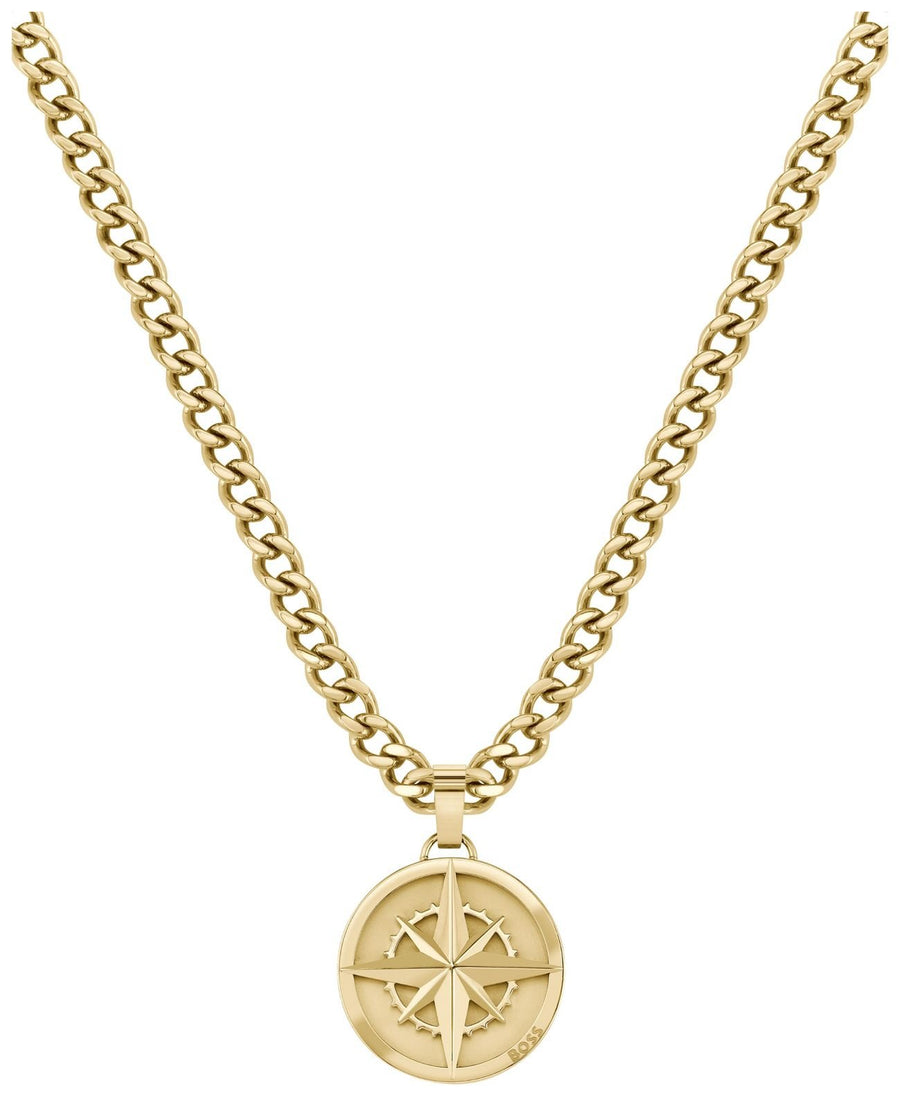 BOSS Jewellery Men’s North Compass Pendant Gold-Tone Stainless Steel Necklace 1580549