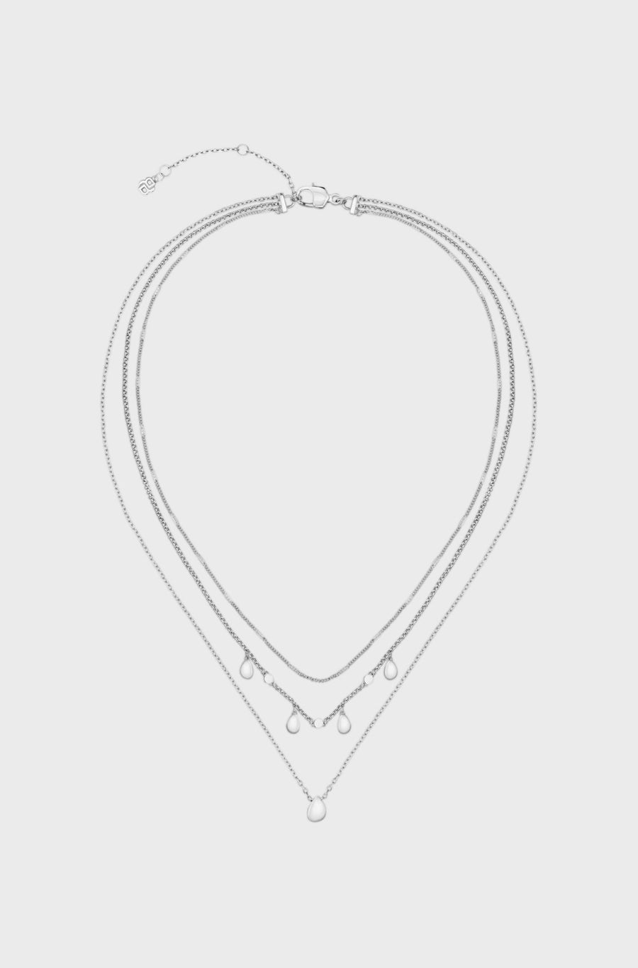 Three-layer silver-tone necklace with droplet charm