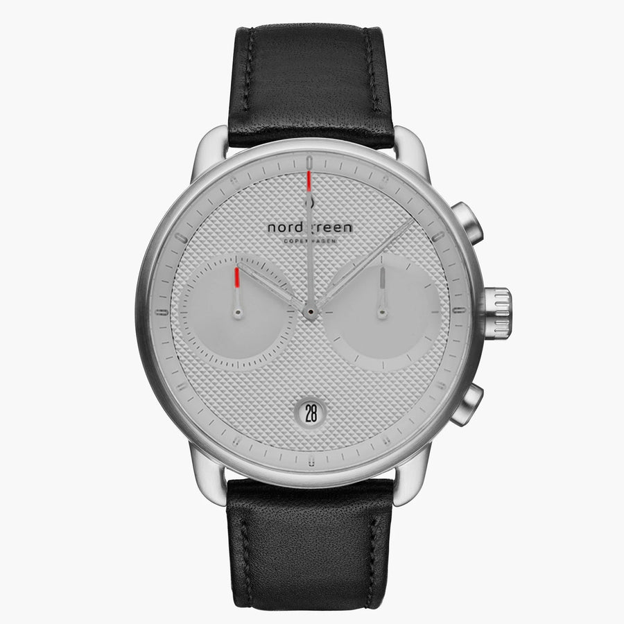 Nordgreen Pioneer Textured Grey Dial Black Leather Strap Watch