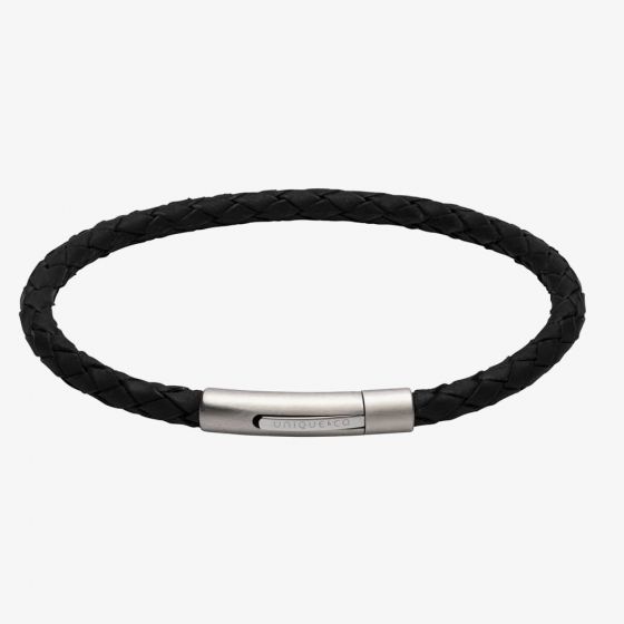 Unique and Co Black Leather Bracelet with Matte/Polished Steel Clasp
