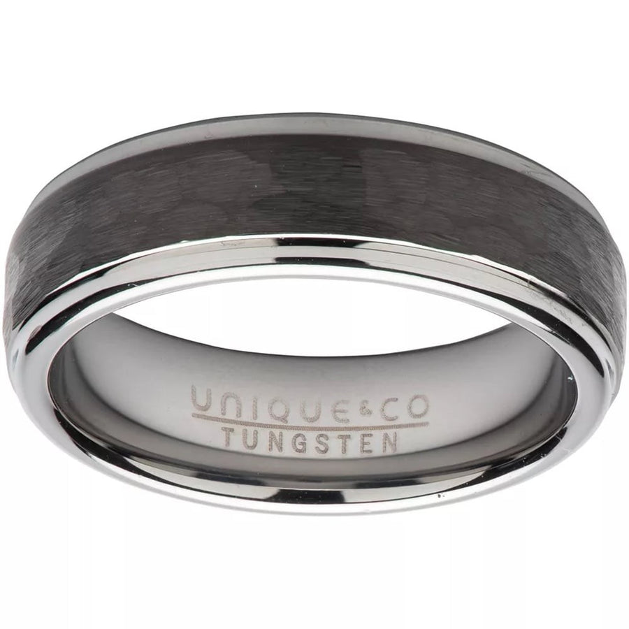 Unique & Co Tungsten Black IP Plated Hammered 7mm Ring