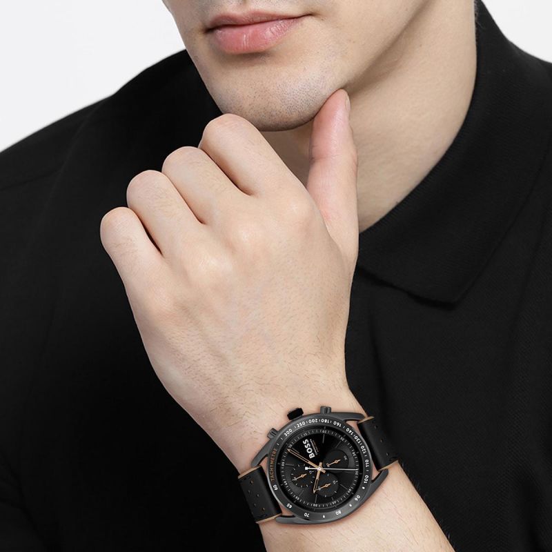 Gents BOSS Centre Court Black Leather Strap Watch