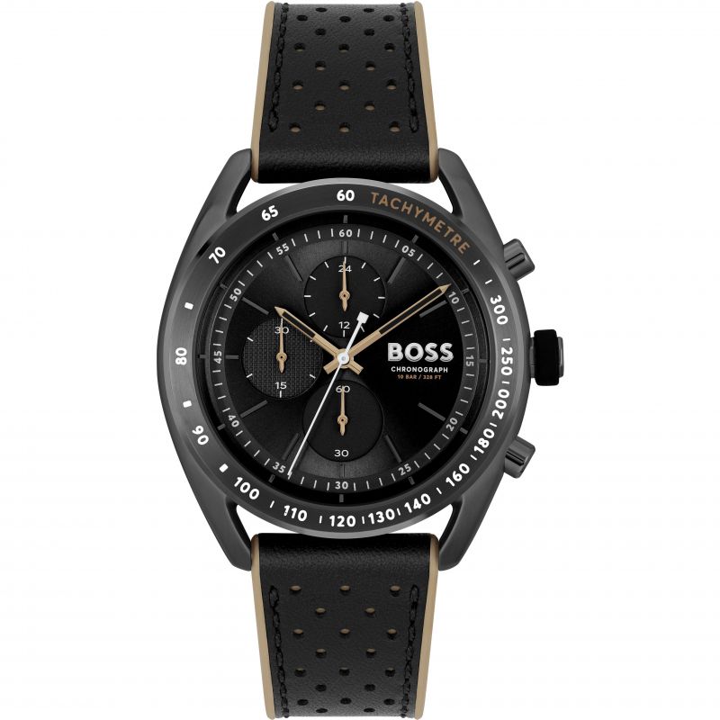 Gents BOSS Centre Court Black Leather Strap Watch