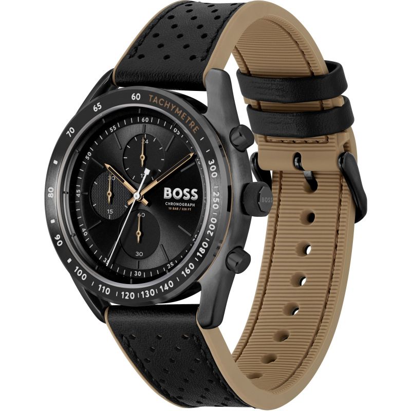 Gents BOSS Centre Court Black Leather Strap Watch