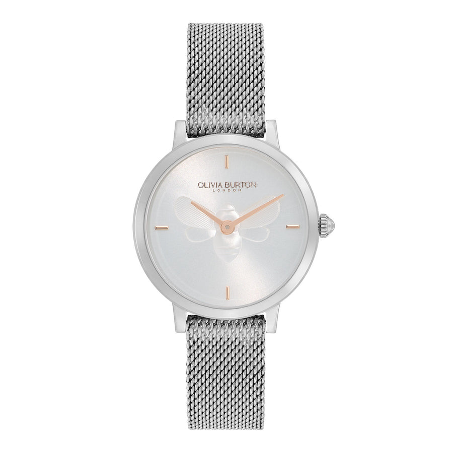 Olivia Burton Signature 28mm Bee Ultra Slim Metallic White & Silver Mesh Watch