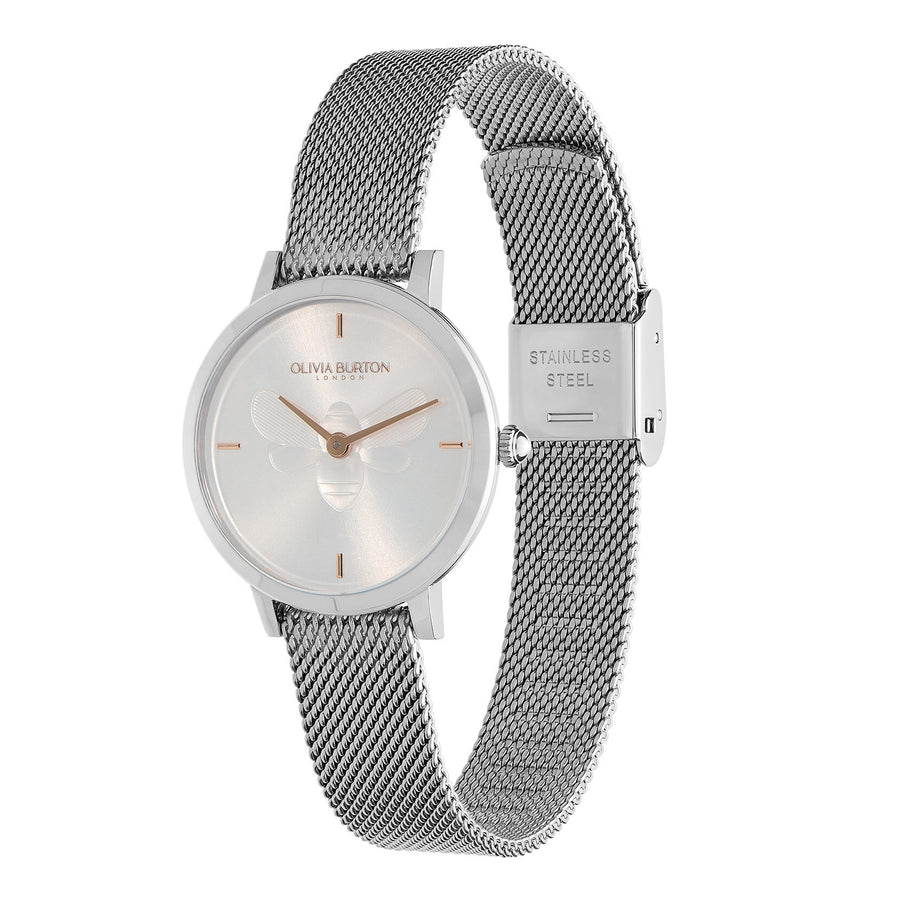 Olivia Burton Signature 28mm Bee Ultra Slim Metallic White & Silver Mesh Watch