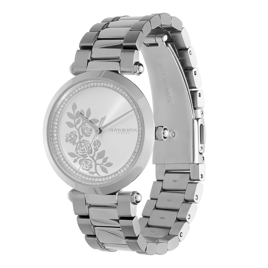 Olivia Burton Signature 34mm Floral T-Bar White & Silver Bracelet Watch