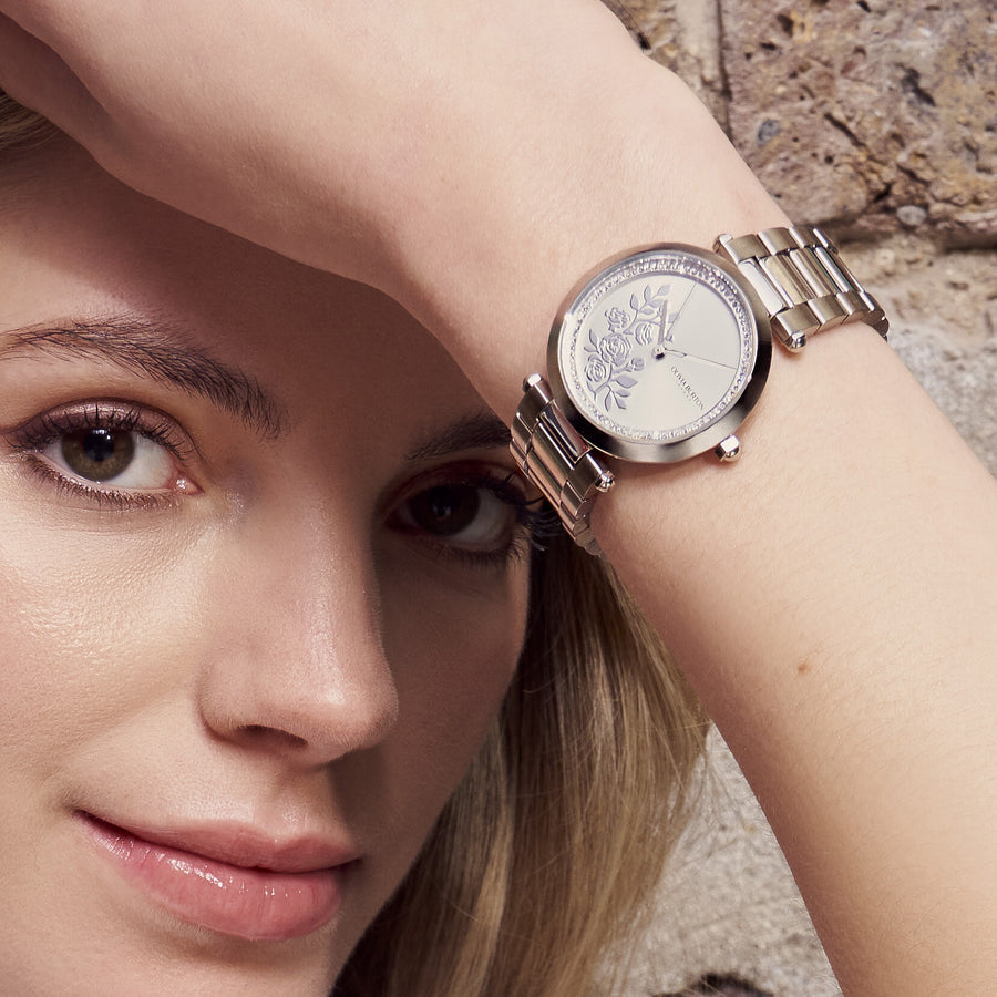 Olivia Burton Signature 34mm Floral T-Bar White & Silver Bracelet Watch