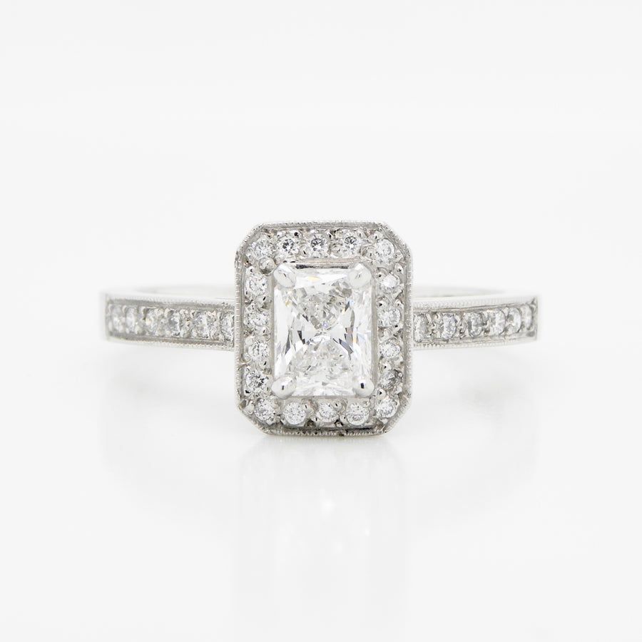 Platinum Radiant Cut Diamond Ring .50ct with Vintage Halo and grain set Shoulders .25ct