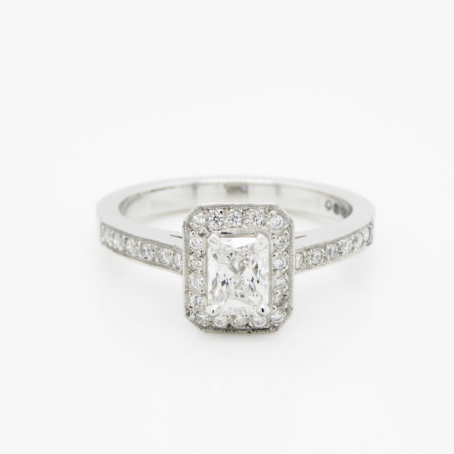 Platinum Radiant Cut Diamond Ring .50ct with Vintage Halo and grain set Shoulders .25ct