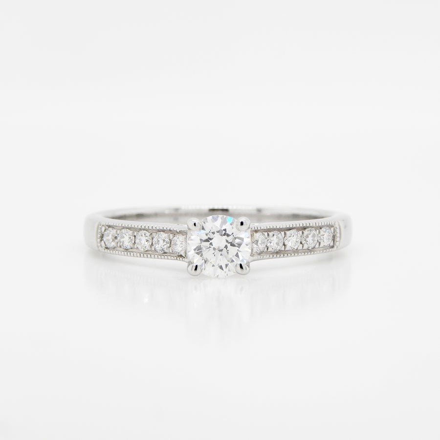 18ct White Gold Diamond Ring With Diamond Shoulders .33ct centre stone F, SI2 .10ct shoulders