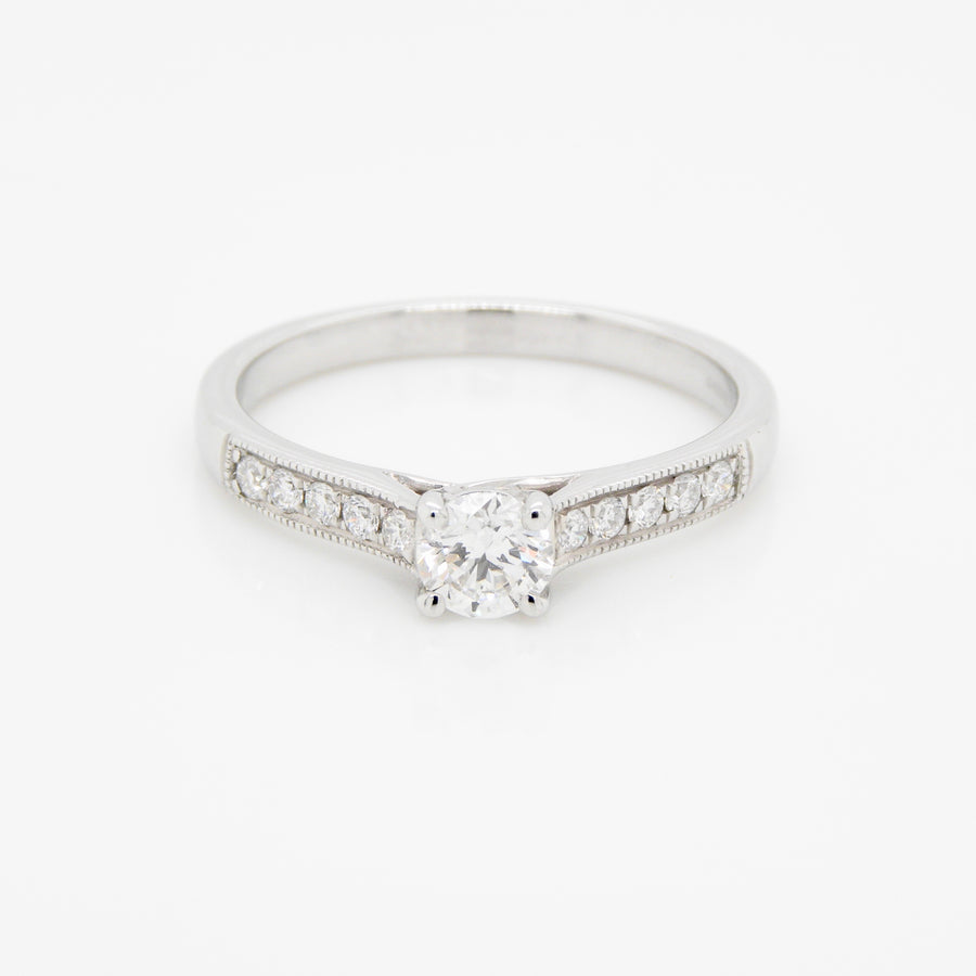 18ct White Gold Diamond Ring With Diamond Shoulders .33ct centre stone F, SI2 .10ct shoulders
