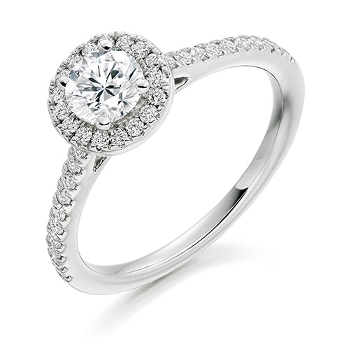 Platinum Round Brilliant Cut Engagement Ring .50ct E SI1 with Round Brilliant Shoulders/Halo .35ct