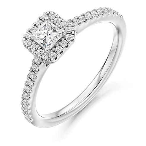 Platinum Princess Cut Engagement Ring .23ct E VS2 with Round Brilliant Shoulders/Halo .35ct