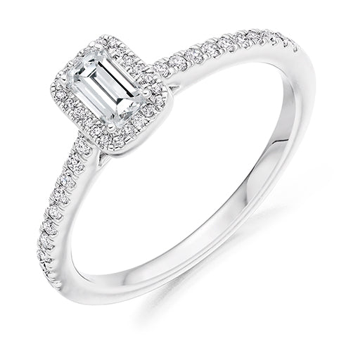 Platinum Emerald Cut Engagement Ring .23ct E VS2 with Round Brilliant Shoulders/Halo .20ct G SI