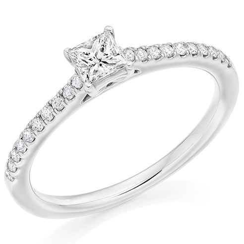 Platinum Princess Cut Engagement Ring .24ct F VS1 with Round Brilliant Shoulders .25ct