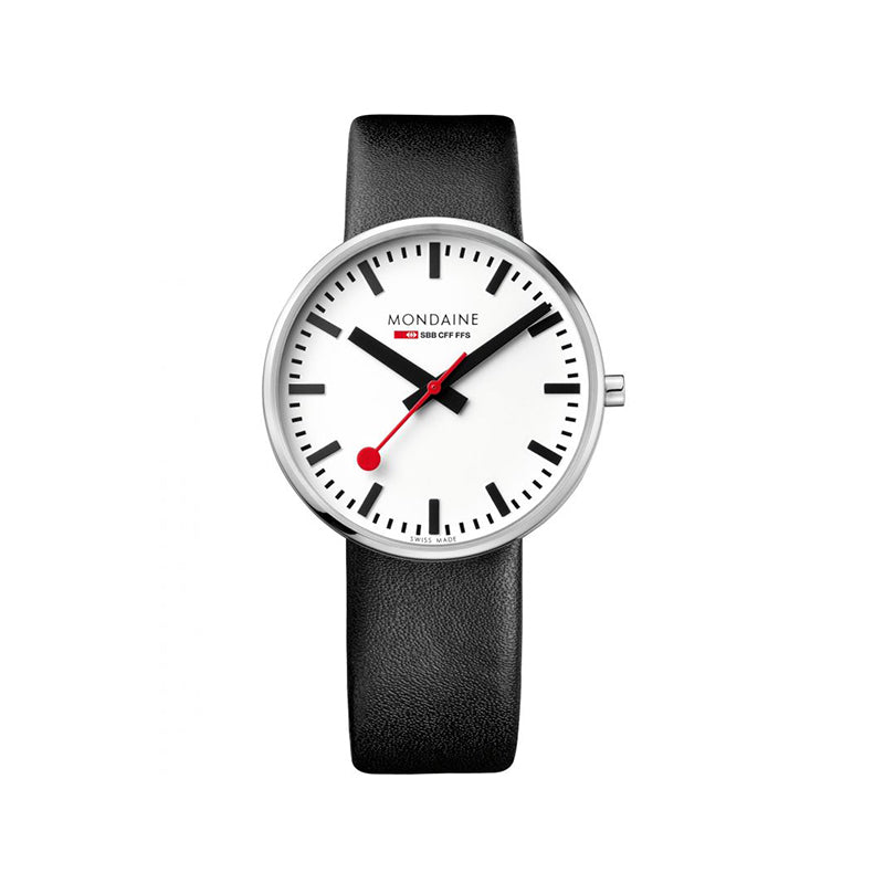 Mondaine Giant 42 mm, black leather watch
