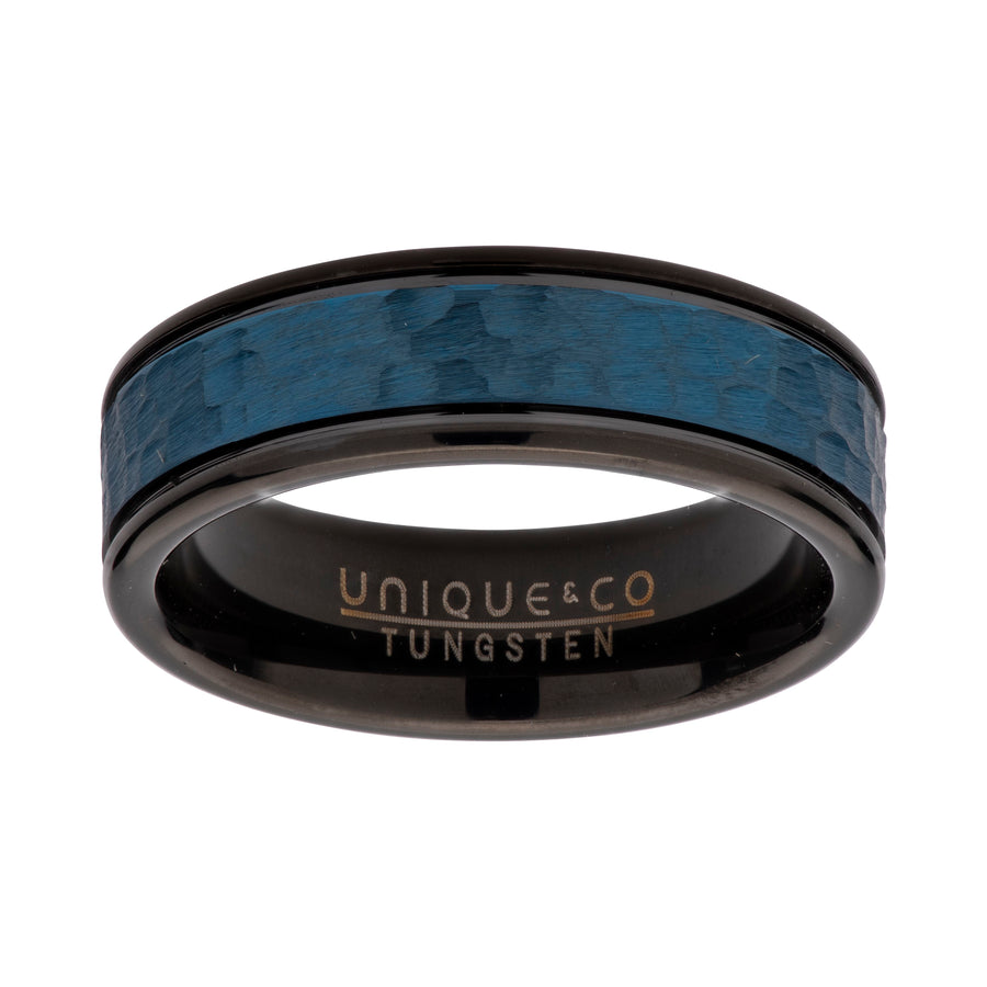 Unique and Co Tungsten Carbide Ring with Black with Hammered Blue IP plating